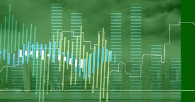 Şehir manzarası üzerinde veri işleme resmi. Küresel iş, bilgisayar ve dijital arayüz kavramı dijital olarak oluşturulmuş görüntü.