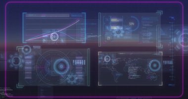 Mavi arkaplan üzerinde hareket eden ekranların veri işleme görüntüsü. Küresel bağlantılar, veri işleme ve dijital arayüz konsepti dijital olarak oluşturulmuş resim.