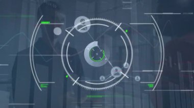 Animation of viewfinder with glitch and connections and diverse businesspeople. Global network, connections, finance, business and technology concept digitally generated video.