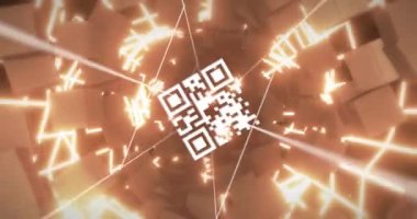 Arka planda bloklar olan tünelin üzerinde titreşen dijital neon qr kodunun animasyonu. Dijital olarak oluşturulmuş küresel çevrimiçi kimlik, veri işleme ve hesaplama kavramı.