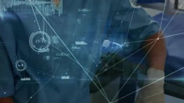 Kafkas kadın cerrah üzerindeki bağlantıların animasyonu. sağlık, tıp mesleği, bağlantılar ve teknoloji konsepti dijital olarak oluşturulmuş video.