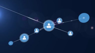 Mavi arkaplandaki insan simgeleriyle bağlantı ağının canlandırılması. Dijital olarak oluşturulmuş küresel bağlantılar, ağ oluşturma ve dijital arayüz kavramı.