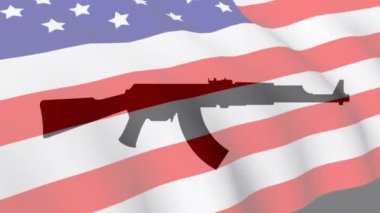 Amerikan bayrağı dalgalanırken saldırı tüfeği animasyonu. Amerikan vatanseverliği, bağımsızlık ve silahlı kuvvetler konsepti dijital olarak oluşturulmuş video.