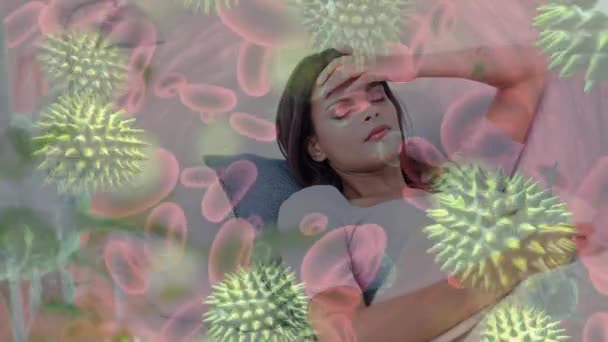 Composite Video Covid Cells Floating Sick Caucasian Woman Lying Couch — Videoclip de stoc
