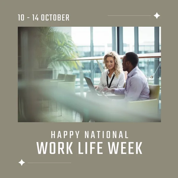 Image of national work life week over happy diverse female and male coworkers in office. Work, business and work life balance concept.