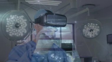 Animation of network of connections and data processing over caucasian male doctor using vr headset. Global healthcare, lifestyle and digital interface concept digitally generated video.