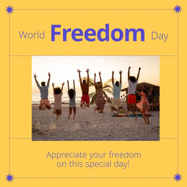 Image Freedom Day Happy Diverse Friends Jumping Joy Beach Freedom — Stock fotografie