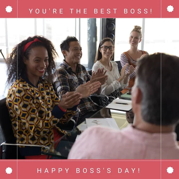 Image of happy boss day over diverse female boss and coworkers. Business, work and boss day concept.