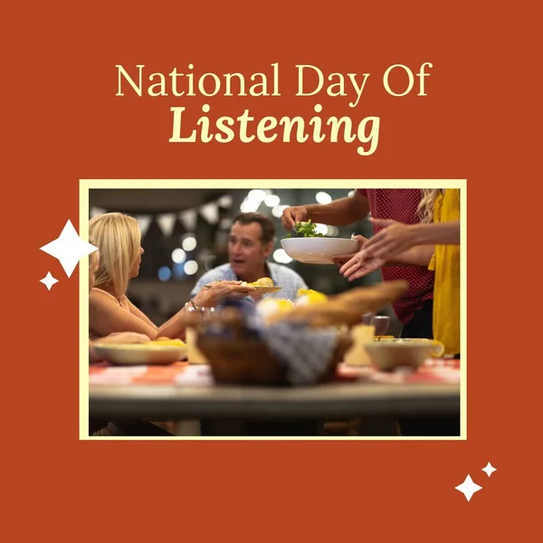 Composition of national day of listening text over caucasian family having dinner. National day of listening and celebration concept digitally generated image.