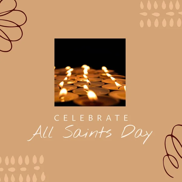Composition of celebrate all saints day text with candles on beige background. All saints day and celebration concept digitally generated image.