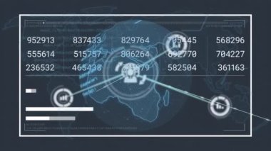 Dünya üzerindeki simgelerle bağlantı ağının animasyonu ve veri işleme ile dünya haritası. Dijital olarak oluşturulmuş küresel bağlantılar, bilgisayar ve dijital arayüz kavramı.