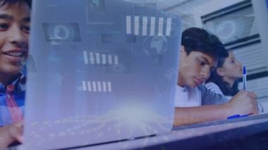 Animation of data and graphs over happy biracial boy with laptop. School, education and learning with technology concept digitally generated video.