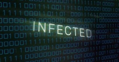 Virüslü metinde veri işleme animasyonu. Küresel iş ve dijital arayüz kavramı dijital olarak oluşturulmuş video.