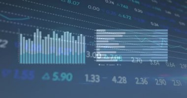 Mavi arka plandaki çeşitli grafiklerin ve finansal verilerin animasyonu. Küresel finans, para ve ekonomi kavramı dijital olarak üretilen video.