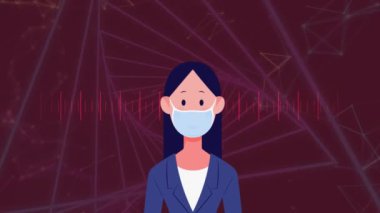 Animation of businesswoman with face mask icon over moving shapes. Global business and digital interface concept digitally generated video.