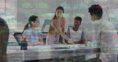 Animation of financial data and graphs over diverse female coworkers in office. Business, finance, economy, cooperation and communication concept digitally generated video.