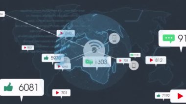 Dünya üzerindeki simgelerle bağlantı ağının animasyonu ve veri işleme ile dünya haritası. Dijital olarak oluşturulmuş küresel bağlantılar, bilgisayar ve dijital arayüz kavramı.