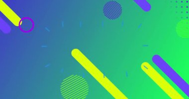 Mavi ve yeşil arka planda hareket eden çeşitli şekillerin animasyonu. Şekiller, renk ve hareket konsepti dijital olarak oluşturulmuş video.