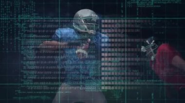 Animation of data processing over american football players. Global sports, digital interface and data processing concept digitally generated video.