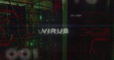 Sunucu odasında virüs metni ve veri işleme animasyonu. Küresel iş ve dijital arayüz kavramı dijital olarak oluşturulmuş video.