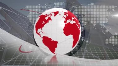 Animation of globe and connections over world map and solar panels. Global eco power, green energy and eco awareness concept digitally generated video.