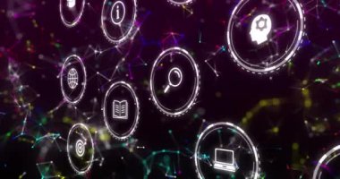 Animation of falling education icons over network of connections on dark background. Learning and education concept digitally generated video.