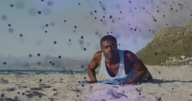 Dışarıda yoga yapan Afro-Amerikan bir adamın animasyonu. Spor, spor ve teknoloji konsepti dijital olarak oluşturulmuş video.
