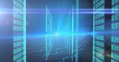 Mavi zemin üzerinde ikili kodlama ve mavi ışık izi olan ekranların dijital animasyonu. Bilgisayar arayüzü ve iş teknolojisi kavramı