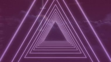 Digital animation of neon triangular hexagonal tunnel in seamless pattern against purple background. Technology background concept