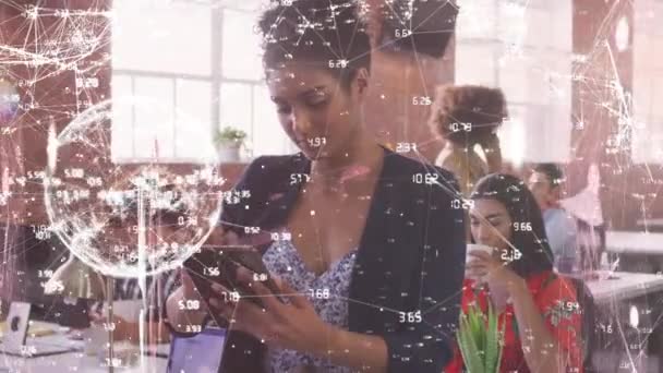 Animation Connections Globe Biracial Woman Using Tablet Network Connections Business — Vídeo de stock