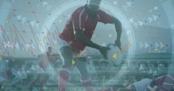 Animáció Adatfeldolgozásról Különböző Rögbi Játékosok Szkenneléséről Stadionban Globális Sport Számítástechnika — Stock videók
