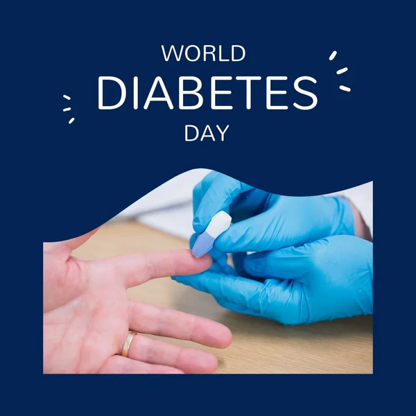 Composition World Diabetes Day Diverse People Using Glucometer Blue Background — 图库照片
