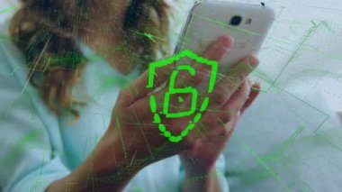 Animation of digital padlock over hands of caucasian woman using smartphone. Global network, digital safety, communication and technology concept digitally generated video.