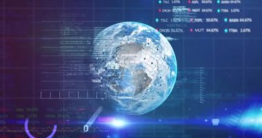 Donanma dijital alanı üzerindeki dünya ve finansal verilerin animasyonu. Küresel iş, finans, ekonomi, ağ ve teknoloji konsepti dijital olarak oluşturulmuş video.