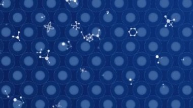 Mavi arkaplandaki mavi hücrelerin üzerindeki moleküllerin animasyonu. İnsan biyolojisi, anatomi ve vücut konsepti dijital olarak oluşturulmuş video.