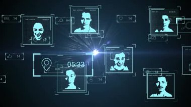 Kullanıcı fotoğraflarının animasyonu, sosyal medya tepkileri ve dijital ortamda veri işleme. Sosyal medya, ağ, iletişim ve veri güvenliği konsepti dijital olarak oluşturulmuş video.