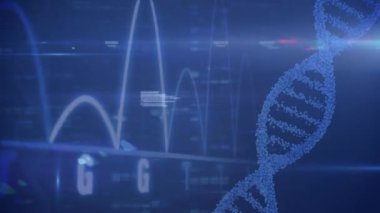 Mavi arka plandaki veri işleme üzerinde DNA iplikçiklerinin canlandırılması. Küresel teknoloji, bilgisayar ve dijital arayüz kavramı dijital olarak oluşturulmuş video.