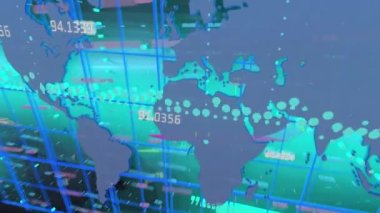 Animation of data processing with world map on green background. Global technology, computing and digital interface concept digitally generated video.