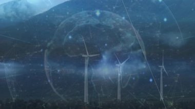 Rüzgâr türbinlerinin üzerindeki dünyanın animasyonu. Çevreci enerji, eko güç ve teknoloji konsepti dijital olarak oluşturuldu.