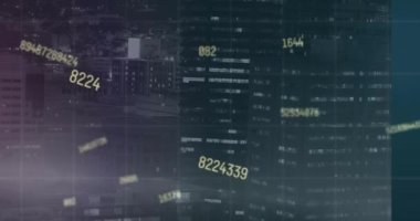 Animation of financial data processing over night cityscape. Global connections, technology and digital interface concept digitally generated video.