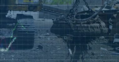 Çöplük üzerindeki finansal veri işleme animasyonu. Küresel iş, finans, veri işleme ve dijital arayüz kavramı dijital olarak oluşturulmuş video.