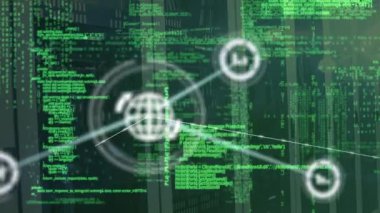 Sunucular üzerinde bağlantı ve veri işleme animasyonları. Dijital olarak oluşturulan küresel bağlantılar, finans, ekonomi ve teknoloji konsepti.