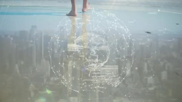 Animation Globe Connections Data Processing Cityscape Caucasian Woman Beach Global — Vídeo de stock