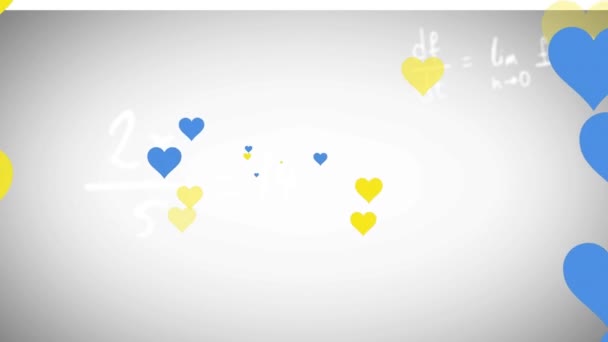 Animation Yellow Blue Heart Icons Floating Mathematical Equations Grey Background — Stock videók