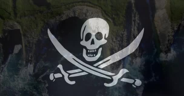 Animation Pirate Flag Waving Coast Sea Globe Maps Concept Digitally — 图库视频影像