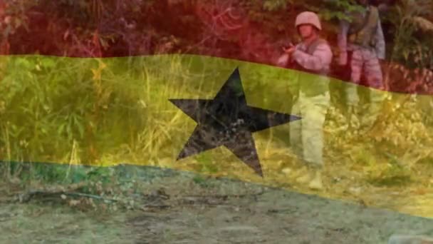 Animation Der Ghanafahne Über Verschiedenen Männlichen Soldaten Patriotismus Armee Und — Stockvideo