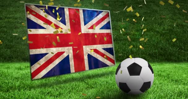 Animation Falling Gold Confetti Flag Football Ball World Cup Soccer — Wideo stockowe