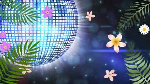 Animation Flowers Leaves Light Spots Disco Ball Black Background Party — Vídeo de Stock