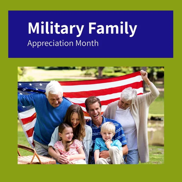 Image of military family appreciation month over happy caucasian family with flag of usa. Military, army, family and american patriotism concept.