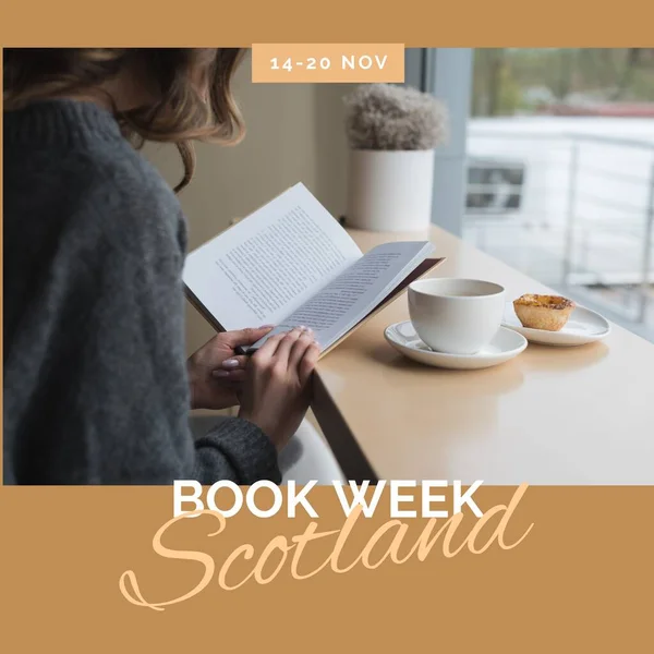 Composition of book week scotland text over caucasian woman reading book. Book week scotland and celebration concept digitally generated image.